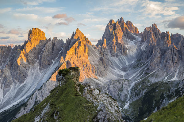 Italy,Veneto,Belluno district,Auronzo di Cadore,sunset lights emphasize the spiers of the Cadini di Misurina group