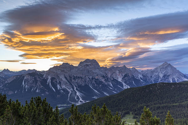 Italy,Veneto,Belluno district,Cortina d'Ampezzo,golden dawn over the Dolomites of Boite Valley