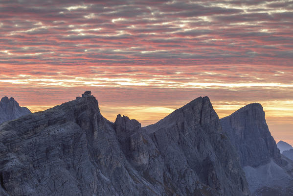 Italy,Veneto,Belluno district,Cortina d'Ampezzo,Nuvolau Hut at sunrise,the first refuge of the Ampezzo valley