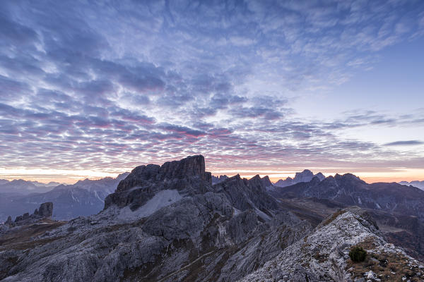 Italy,Veneto,Belluno district Cortina d'Ampezzo,mount Averau and Cinque Torri group at twilight