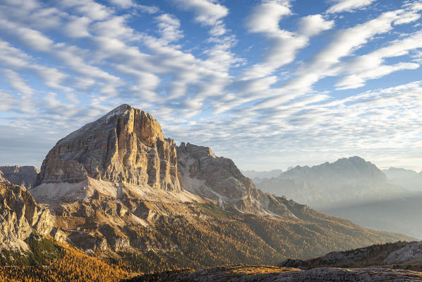 Italy,Veneto,Belluno district,Cortina d'Ampezzo,the morning sun lights the south wall of the Tofana di Rozes