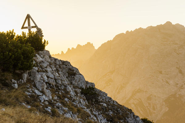 Italy,Veneto,Belluno district,Auronzo di Cadore,the glow of the sunrise lights up the group of Marmarole