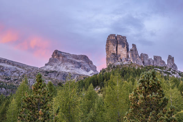 Italy,Veneto,Belluno district,Boite valley,Mount Averau and Cinque Torri group at sunrise