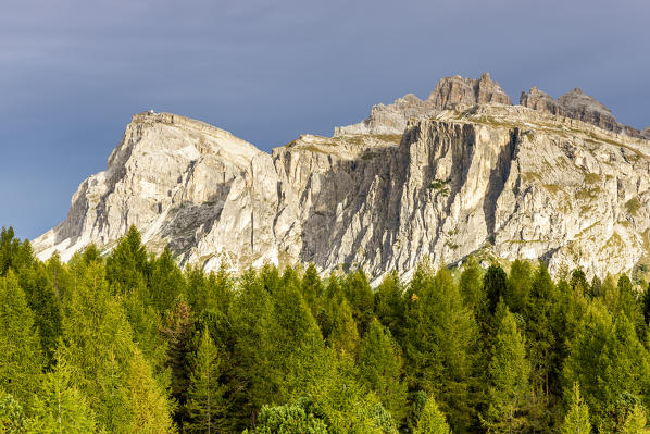 Italy,Veneto,Belluno district,Boite valley,the sun lights the rocks of Mount Lagazuoi and Mount Col dei Bos