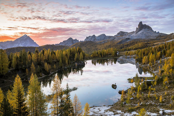 Italy,Veneto,Belluno district,Cortina d'Ampezzo,lake Federa at dawn