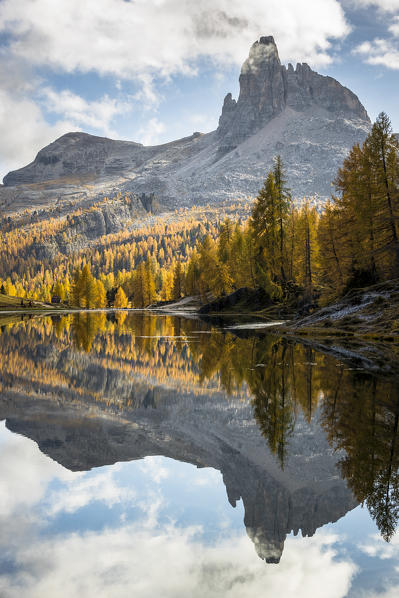 Italy,Veneto,Belluno district,Cortina d'Ampezzo,the reflections of Becco di Mezzodì and Rocchetta di Prendèra in Lake Federa