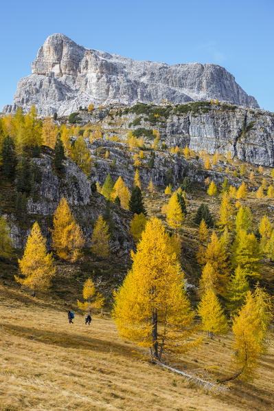 Italy,Veneto,Belluno district,Boite valley,two hikers with Mount Averau in the background
