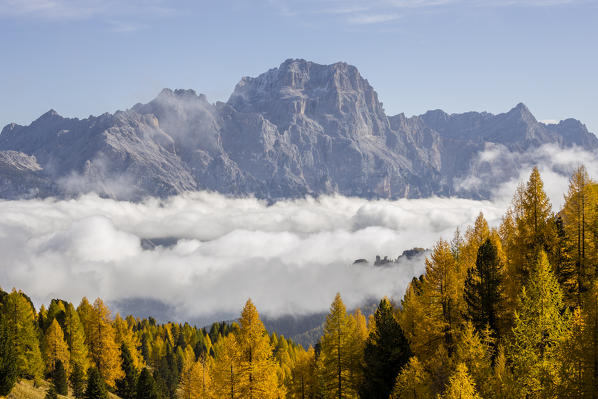 Italy,Veneto,Belluno district,the Boite valley covered by clouds with Mount Sorapis in the background