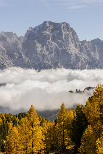 Italy,Veneto,Belluno district,the Boite valley covered by clouds with Mount Sorapis in the background