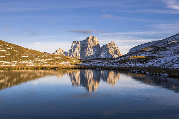 Italy,Veneto,Belluno district,Selva di Cadore,the northwest wall of mount Pelmo reflected in a small but very picturesque alpine lake