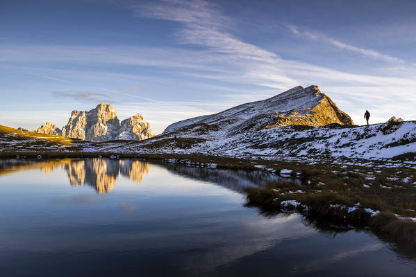 Italy,Veneto,Belluno district,Selva di Cadore,hiker arrived at lake baste to admire mount pelmo 