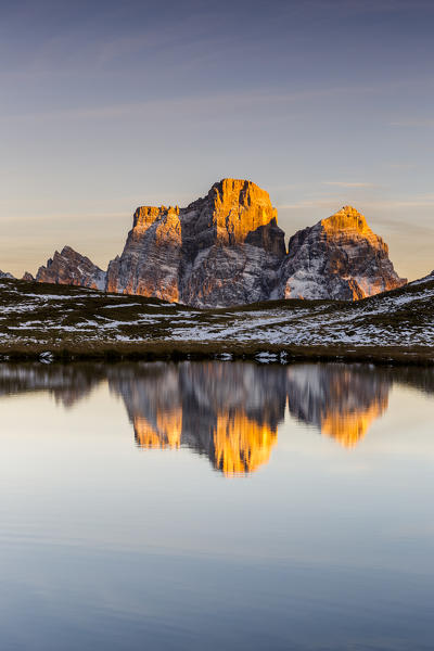 Italy,Veneto,Belluno district,Selva di Cadore,the northwest wall of mount Pelmo reflected in a small but very picturesque alpine lake