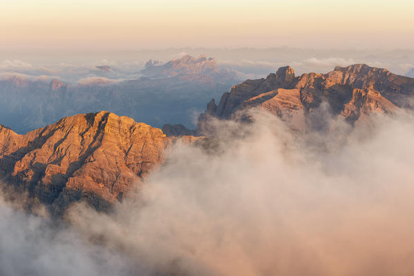 Italy,Veneto,Belluno district,Boite Valley,view from the top of Tofana di Mezzo at sunrise on the countless peaks of the Dolomites