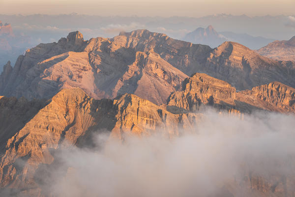 Italy,Veneto,Belluno district,Boite Valley,view from the top of Tofana di Mezzo at sunrise on the countless peaks of the Dolomites
