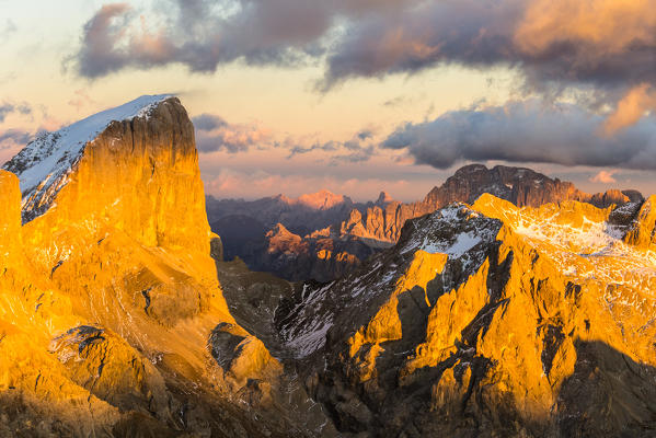 Italy,Trentino,Trento district,aerial view of Punta Penia and Mount Civetta in the background at sunset