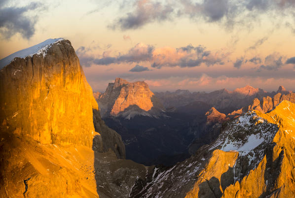 Italy,Trentino,Trento district,aerial view of Punta Penia and Mount Pelmo in the background at sunset