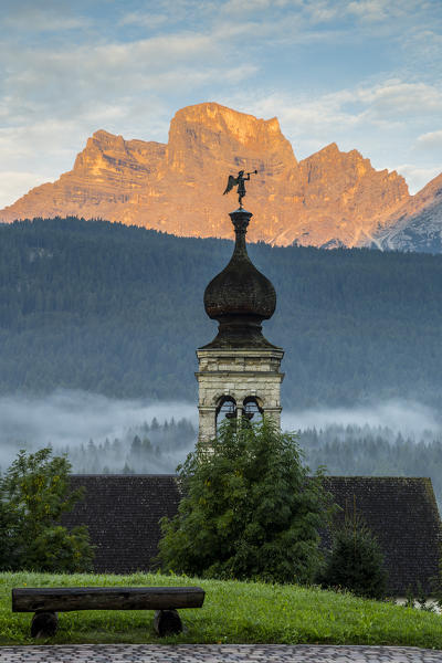 Italy,Veneto,Belluno district,Boite Valley,the bell tower of the Church of San Rocco in Borca di Cadore,with Pelmo in the background