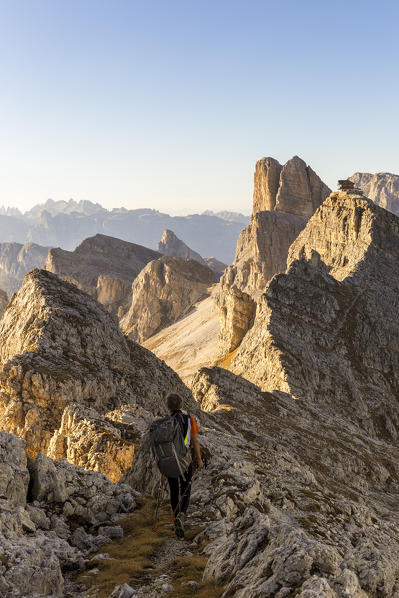 Italy,Veneto,Belluno district,mount Ra Gusela,a man along the mountain path (MR)