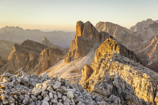 Italy,Veneto,Belluno district,Cortina d'Ampezzo,the last rays of sun light up the walls of  the Averau and Nuvolau mountains