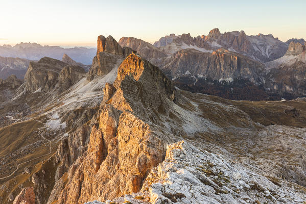 Italy,Veneto,Belluno district,mount Ra Gusela,view of the Averau and Nuvolau mountains at sunset