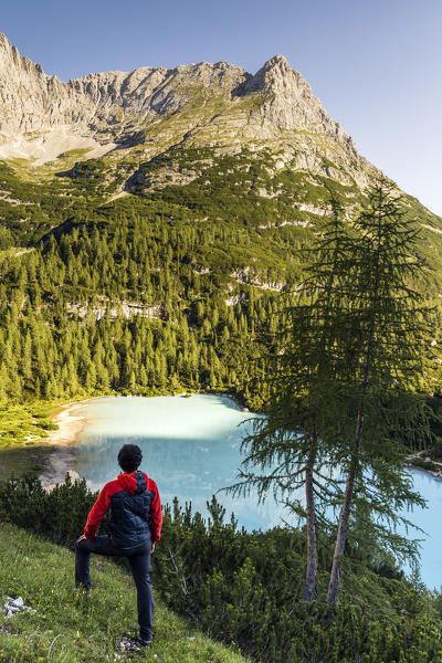 Italy,Veneto,Belluno district,Cortina d'Ampezzo,high angle view of the Sorapis lake 