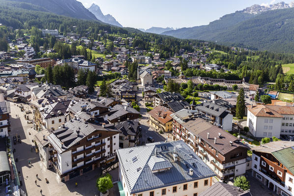 Italy,Veneto,Belluno district,Boite Valley,high angle view of Cortina d'Ampezzo,renowned winter and summer tourist resort