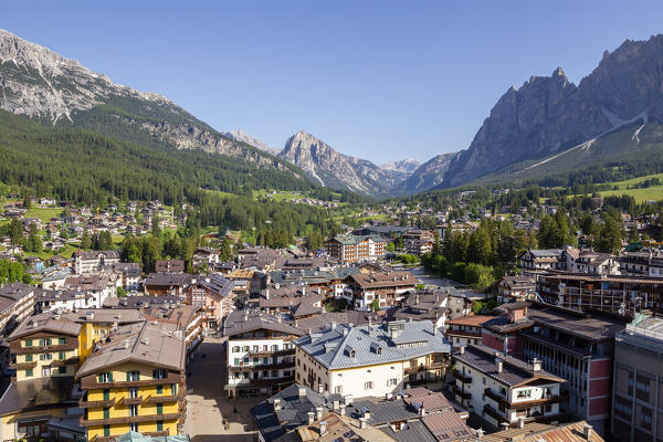 Italy,Veneto,Belluno district,Boite Valley,high angle view of Cortina d'Ampezzo,renowned winter and summer tourist resort