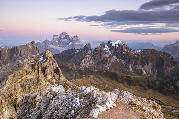 Italy,Veneto,Belluno district,mount Averau,high angle view of Giau pass,Cernera group,Nuvolau,Ra gusela,Formin mountains and in the background mount Pelmo