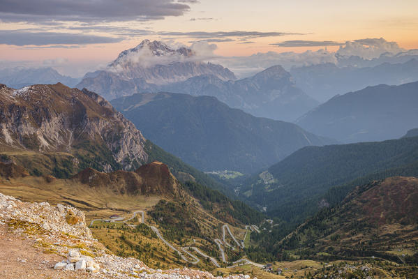 Italy,Veneto,Belluno district,mount Averau,high angle view of the curvy road of Giau pass and mount Civetta in the background