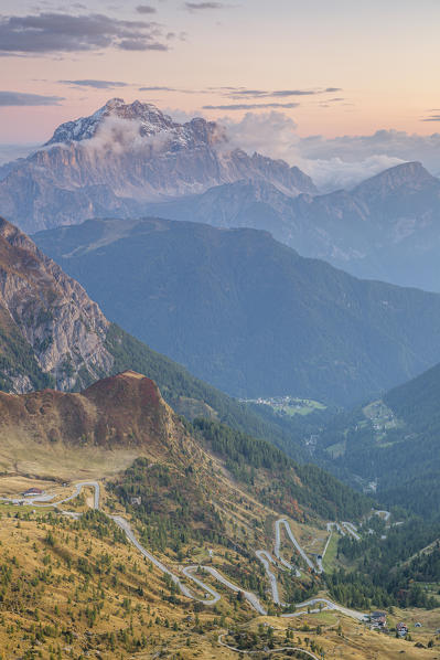 Italy,Veneto,Belluno district,mount Averau,high angle view of the curvy road of Giau pass and mount Civetta in the background