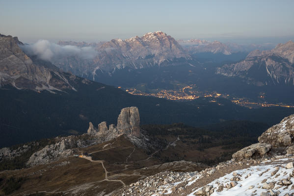 Italy,Veneto,Belluno district,mount Averau,high angle view of the Cinque Torri group,Cortina d'Ampezzo and mount Cristallo in the background