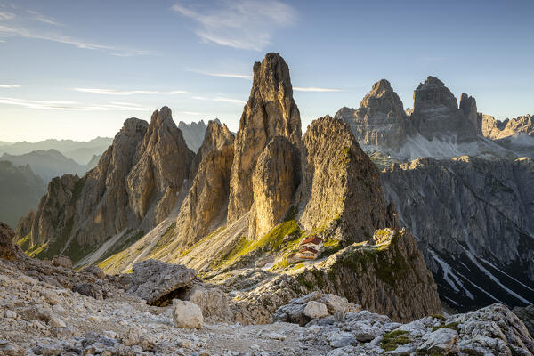 Italy,Veneto,province of Belluno,view over Fonda Savio Hut in the Cadini di Misurina group,with Tre Cime di Lavaredo in the background 