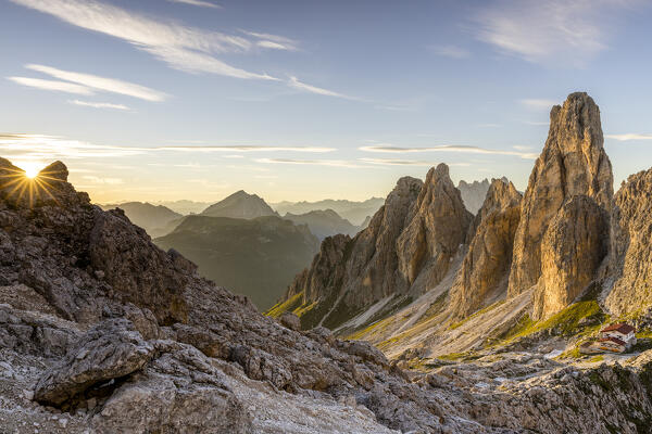 Italy,Veneto,province of Belluno,view over Fonda Savio Hut in the Cadini di Misurina group,with Picco di Vallandro and Monte Piana in the background 