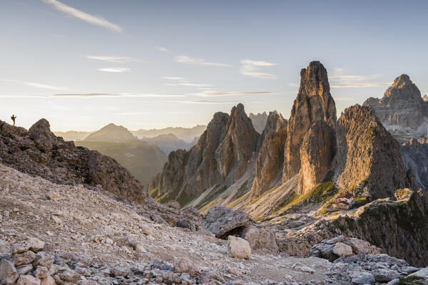 Italy,Veneto,province of Belluno,view over Fonda Savio Hut in the Cadini di Misurina group,with Picco di Vallandro and Monte Piana in the background 