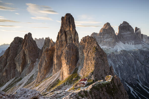 Italy,Veneto,province of Belluno,view over Fonda Savio Hut in the Cadini di Misurina group,with Tre Cime di Lavaredo in the background 