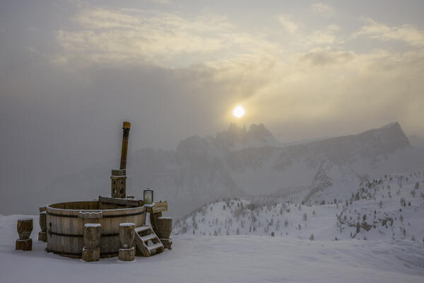 Italy, Veneto, province of Belluno,heated water pool at the Scoiattoli hut