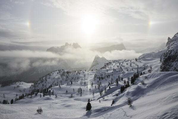 Italy, Veneto, province of Belluno,morning clouds surrounding Croda da Lago and Lastoi di Formin