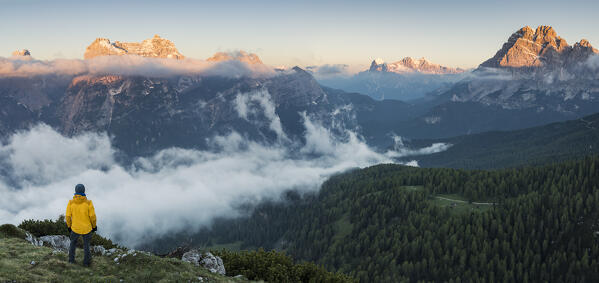 Italy,Veneto,province of Belluno,Auronzo di Cadore,admiring the sunrise over the  Sorapis,Tofane and Cristallo groups (MR)
