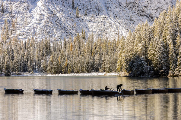 Italy, South Tyrol, Bolzano province, lake Braies after an autumn snowfall