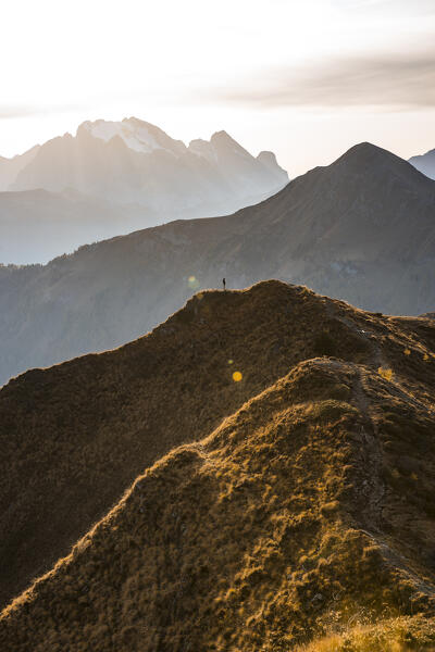 Italy, Veneto, province of Belluno,the sun is setting behind the Marmolada