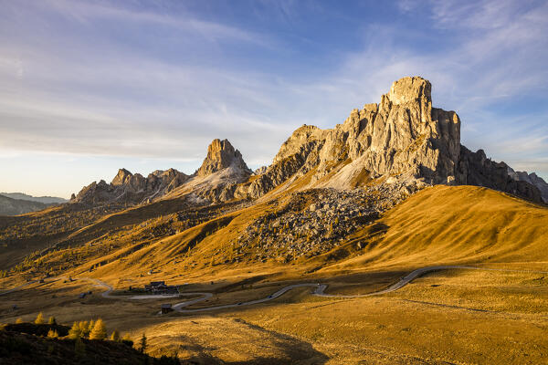 Italy, Veneto, province of Belluno,the road of Giau pass and mount Averau,Nuvolau and La Gusela in the background