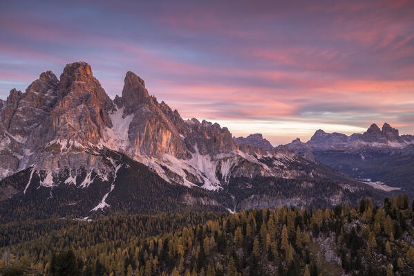 Mount Cristallo and Piz Popena at sunrise,Cortina d'Ampezzo,Belluno province,Veneto,Italy