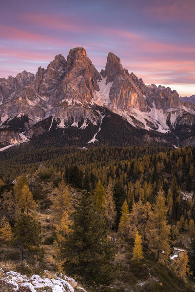 Mount Cristallo and Piz Popena at sunrise,Cortina d'Ampezzo,Belluno province,Veneto,Italy