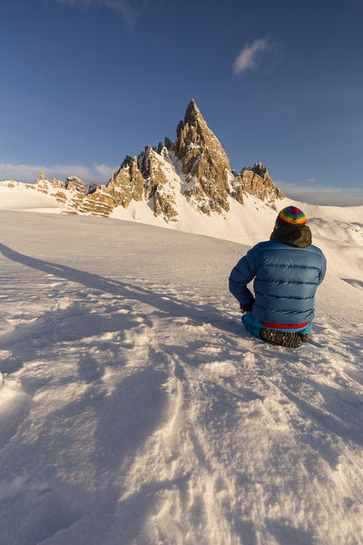Man looks at the Paterno peak,Bolzano district, South Tyrol,Italy,Europe