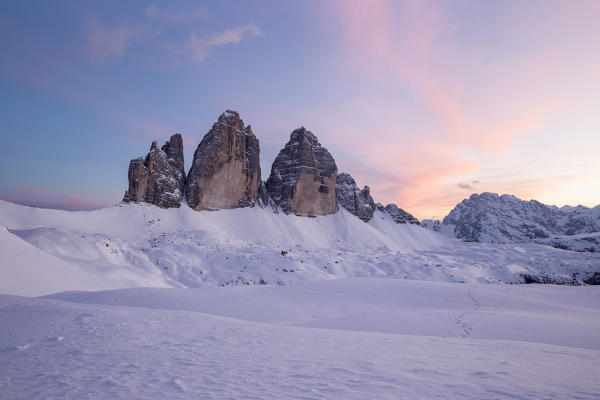 Winter sunset of the Three Peaks,Bolzano district, South Tyrol,Italy,Europe