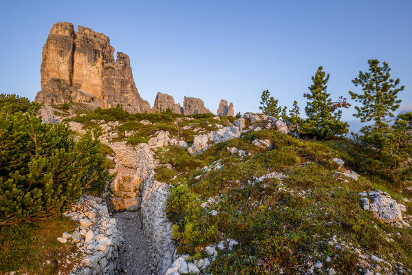 View of the Cinque Torri group at dawn, Cortina d'Ampezzo,Belluno district,Veneto,Italy,Europe