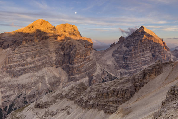 View of Tofane group at sunset,Cortina d'Ampezzo,Belluno district,Veneto,Italy,Europe