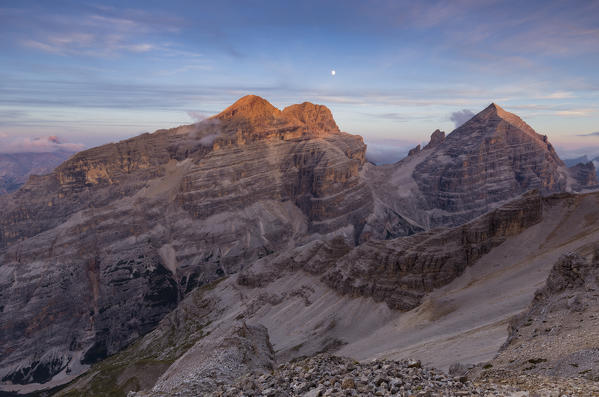 Northwest side of the group of Tofane at sunset,Cortina d'Ampezzo,Belluno district,Veneto,Italy,Europe