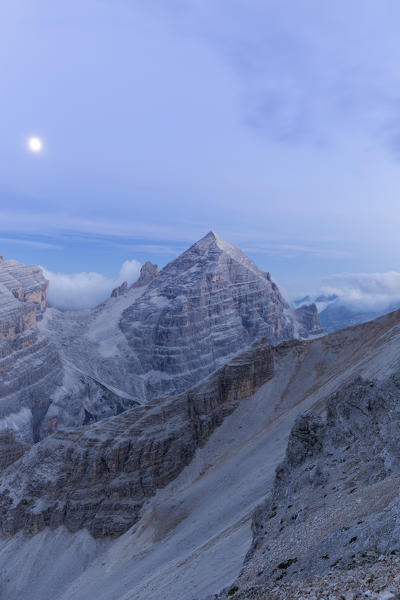 Mount Tofana di Rozes from the northwest side at blue hour,Cortina d'Ampezzo,Belluno district,Veneto,Italy,Europe