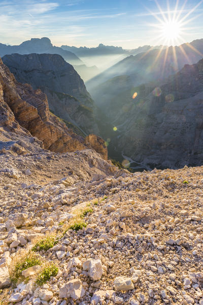 The sun rises over the Travenanzes Valley,Cortina d'Ampezzo,Belluno district,Veneto,Italy,Europe